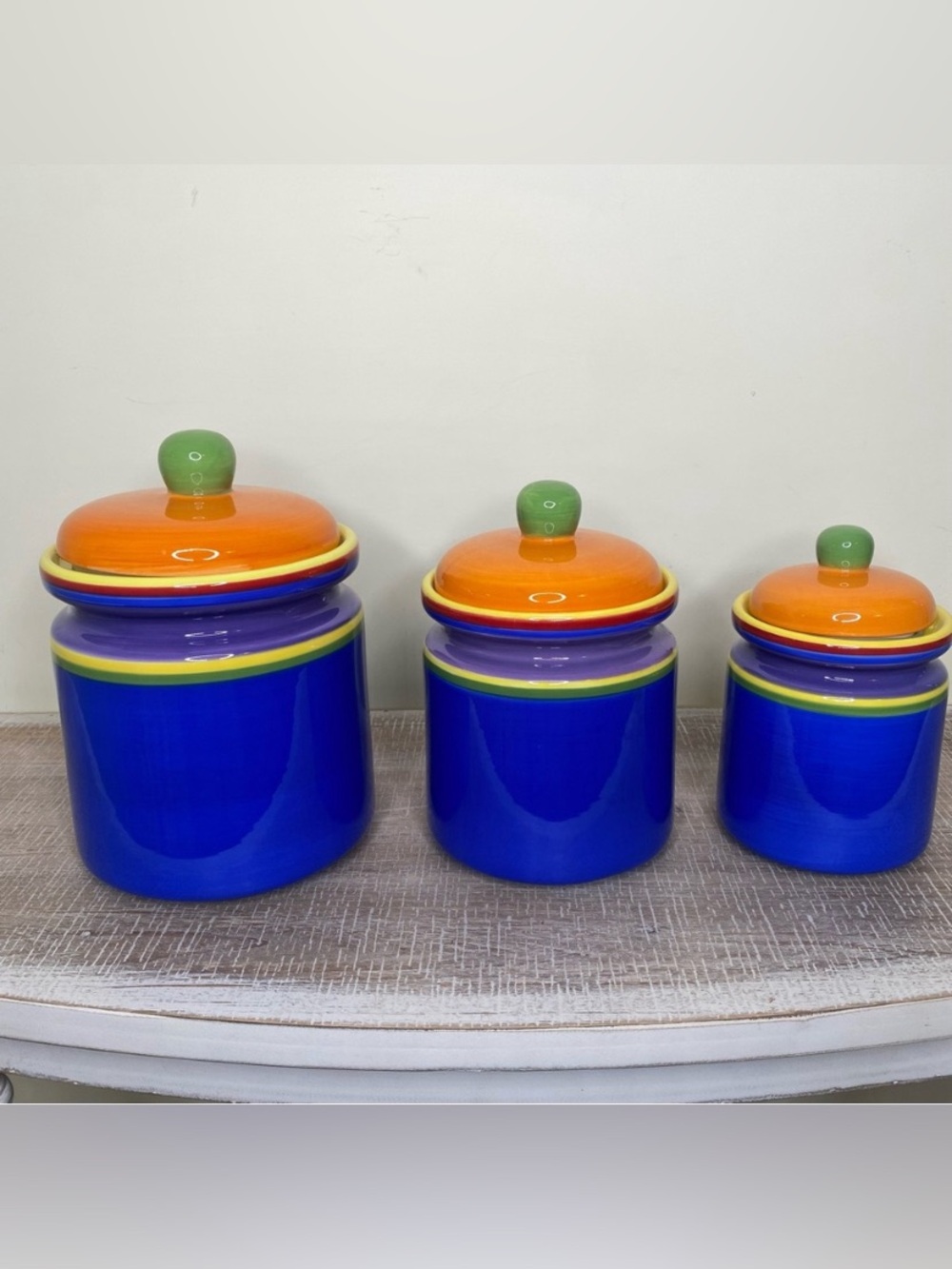 Dansk Bright Colorful Caribe Ceramic Canister Jars w/Lids Set of 3 -Hand Painted